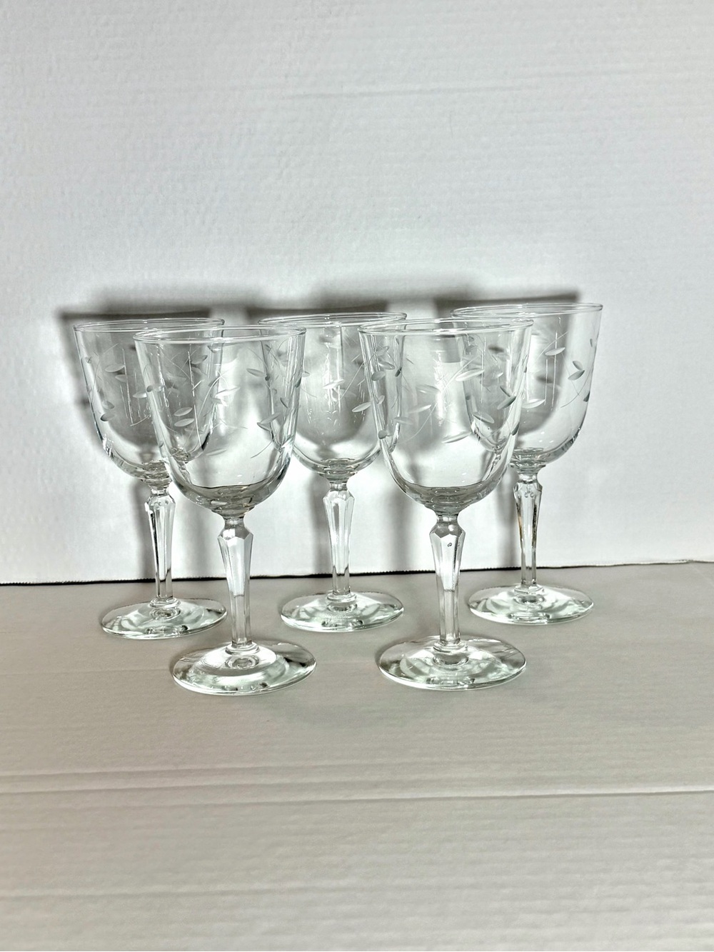 Vintage Libbey Glass Company Windswept Etched Glass Water Goblets set of 5.